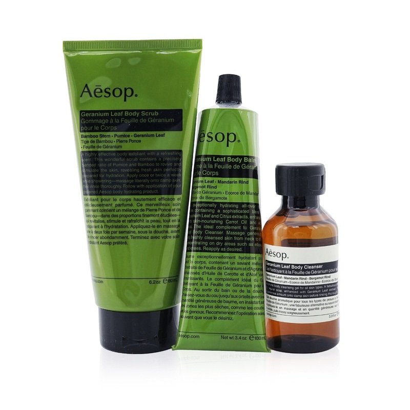 Aesop The Listener: Geranium Leaf Body Cleanser 100ml+ Geranium Leaf Body Scrub 180ml+ Geranium Leaf Body Balm 100ml  3pcs
