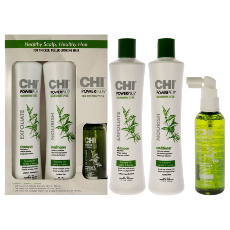 CHI Power Plus Kit by CHI for Unisex - 3 Pc 12oz Exfoliate Shampoo, 12oz Nourish Conditioner, 3.5oz Revitalize Vitamin Hair and Scalp Treatment